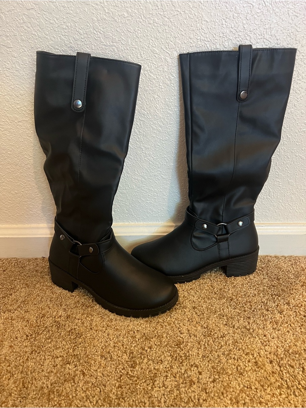 Olivia Miller Tall Black Faux Leather Riding Boots with Strap Detail